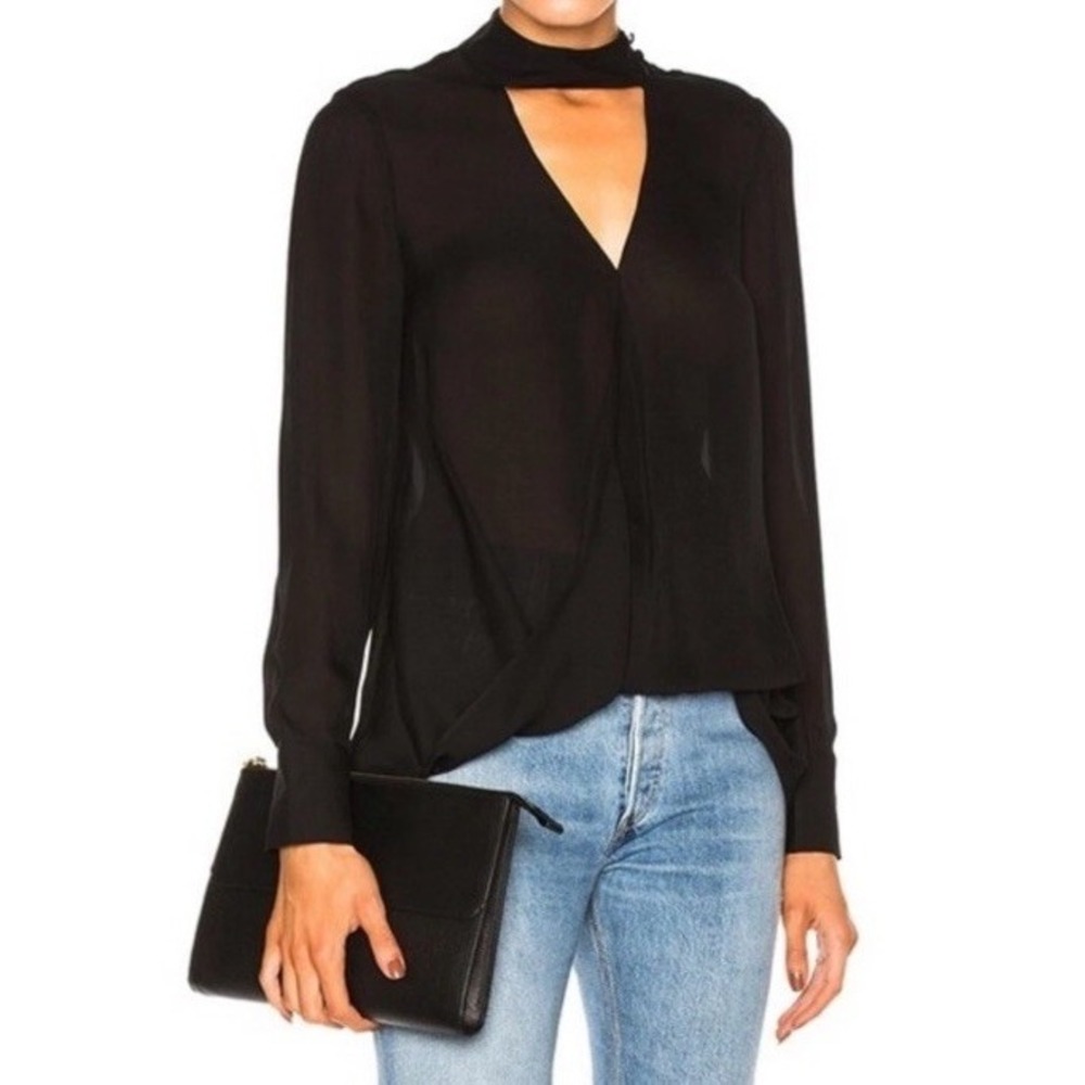 Derek Lam 10 Crosby Sheer 100% Silk Blouse Size 0 Black Top Crossover NWT $395